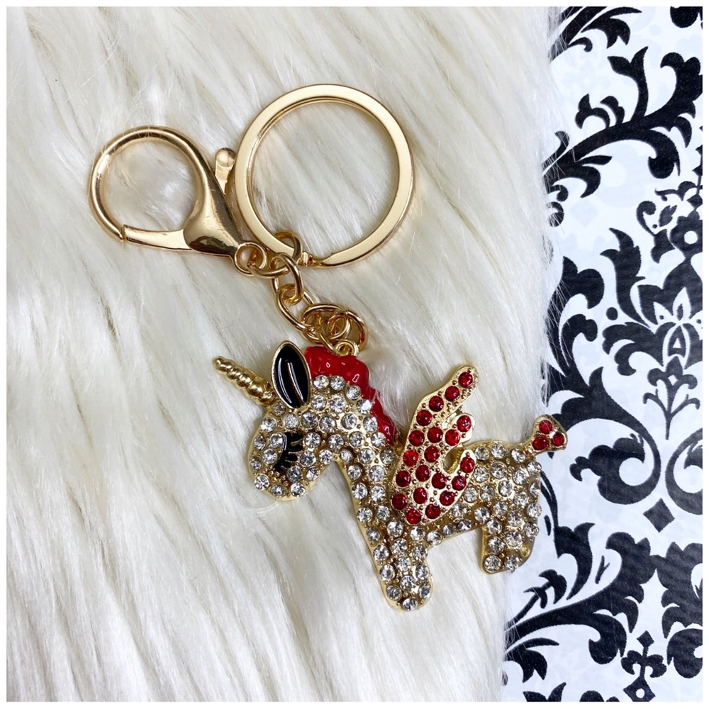 red and gold-tone metal rhinestone gem bling unicorn pony keychain charm